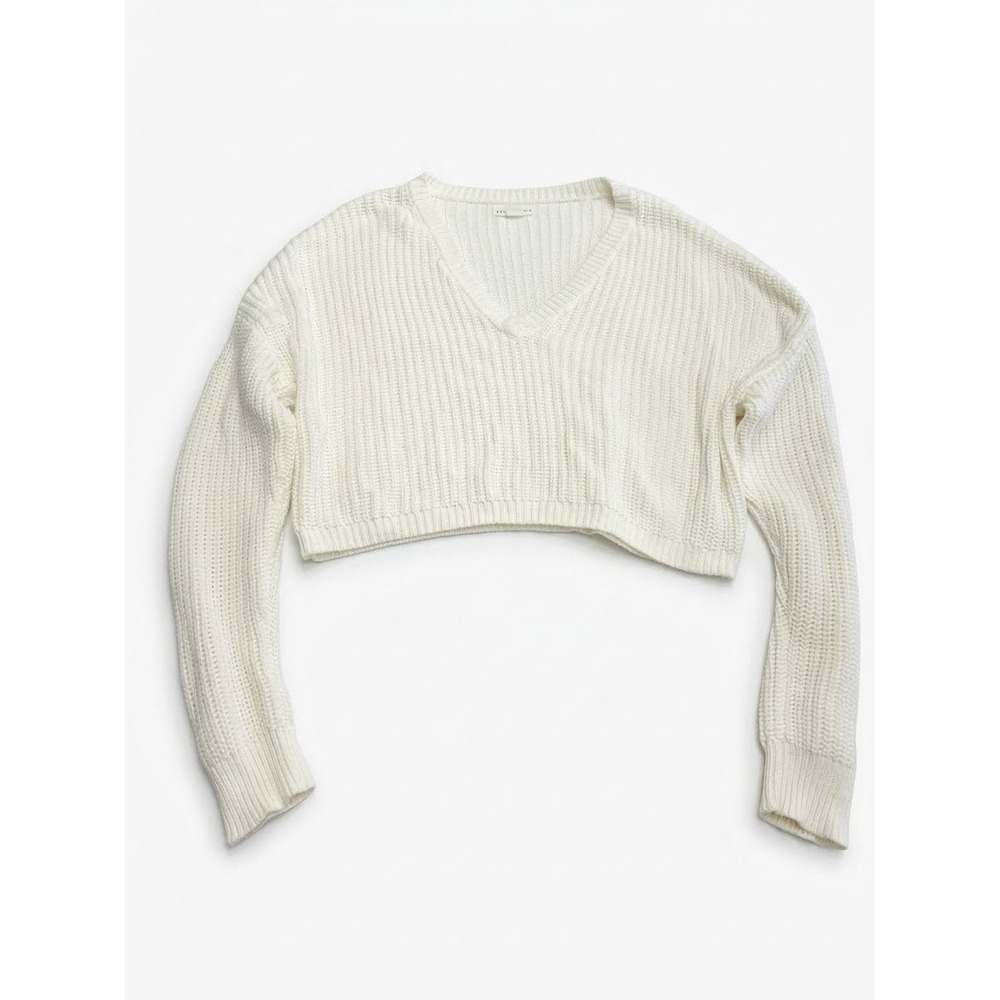 Aeropostale Cropped Sweater Women Size M White  V-Neck Ribbed Knit